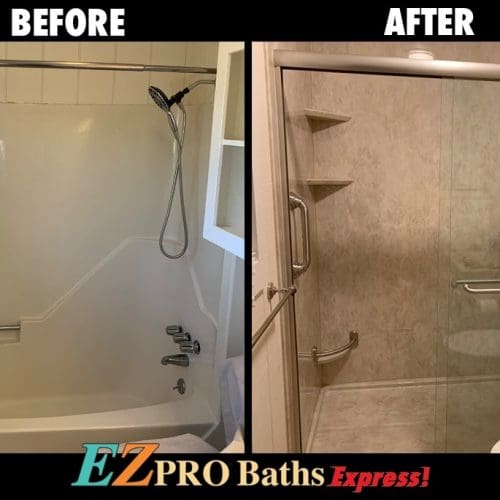 example of why you should avoid installing a fiberglass shower before & after image